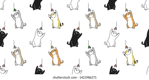 Cat Seamless Pattern Vector Calico Kitten Playing Toy Ginger Scarf Isolated Cartoon Tile Wallpaper Repeat Background Illustration Design