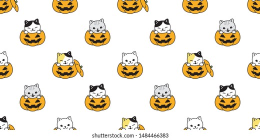 cat seamless pattern vector Halloween pumpkin kitten calico scarf isolated tile background repeat wallpaper cartoon illustration doodle design