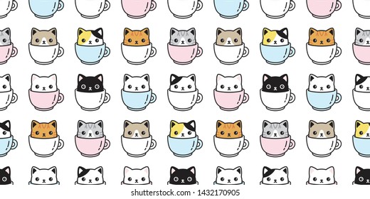 cat seamless pattern vector kitten coffee cup calico breed scarf isolated cartoon tile wallpaper repeat background illustration pastel design