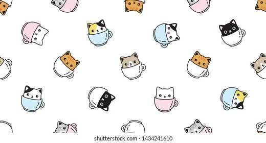cat seamless pattern vector kitten coffee cup calico breed scarf isolated cartoon repeat background tile wallpaper illustration pastel design