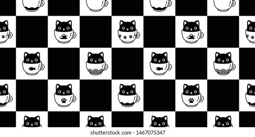 cat seamless pattern vector kitten coffee cup tea scarf isolated cartoon checked tile wallpaper repeat background illustration design