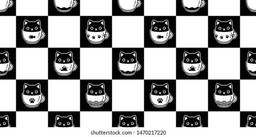 cat seamless pattern vector kitten coffee cup tea calico checked scarf isolated cartoon tile wallpaper repeat background illustration design