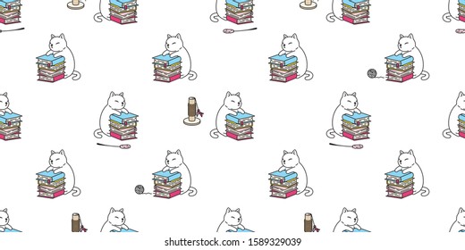 cat seamless pattern vector kitten book calico toy yarn ball scarf isolated cartoon tile wallpaper repeat background illustration design
