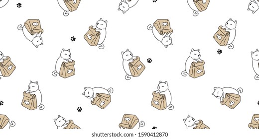 cat seamless pattern vector kitten paw footprint bowl food calico ginger fish scarf isolated cartoon tile wallpaper repeat background illustration design