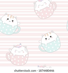 cat seamless pattern vector kitten coffee cup calico breed scarf isolated cartoon repeat background tile wallpaper illustration pastel design