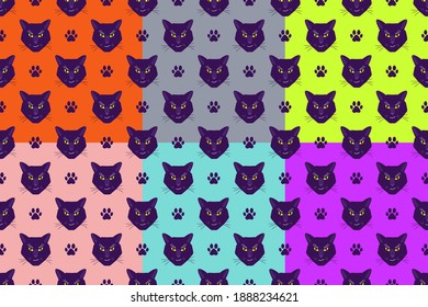Cat seamless pattern. Vector set of repeating cats background for textile, fabrics, wallpaper, print, cover, backdrop, surface, banner, package design. 