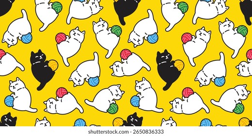 cat seamless pattern yarn ball kitten calico doodle cartoon pet animal illustration gift wrapping paper tile background scarf isolated repeat wallpaper