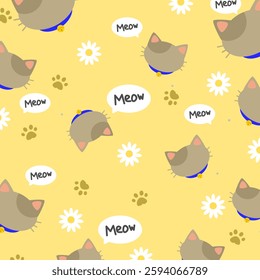 Cat seamless pattern with yellow background and daisy flower. Cute animal cartoon. Can be used for paper wrapping, wallpaper and fashion fabric 