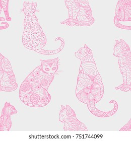 Cat. Seamless pattern. Zentangle. Hand drawn cat with abstract patterns on isolation background. Design for spiritual relaxation for adults. Art creative. Outline for tattoo, printing on t-shirts