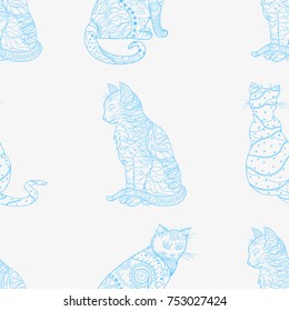 Cat. Seamless pattern. Zentangle. Hand drawn cat with abstract patterns on isolation background. Design for spiritual relaxation for adults. Art creative. Outline for tattoo, printing on t-shirts