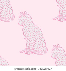 Cat. Seamless pattern. Zentangle. Hand drawn cat with abstract patterns on isolation background. Design for spiritual relaxation for adults. Art creative. Outline for tattoo, printing on t-shirts