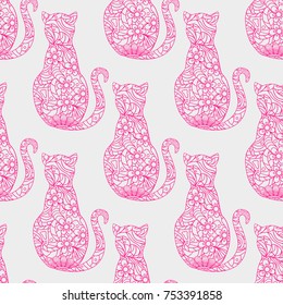 Cat. Seamless pattern. Zentangle. Hand drawn cat with abstract patterns on isolation background. Design for spiritual relaxation for adults. Art creative. Outline for tattoo, printing on t-shirts