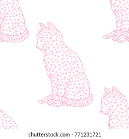 Cat. Seamless pattern. Zentangle. Hand drawn cat with abstract patterns on isolation background. Design for spiritual relaxation for adults. Art creative. Outline for tattoo, printing on t-shirts