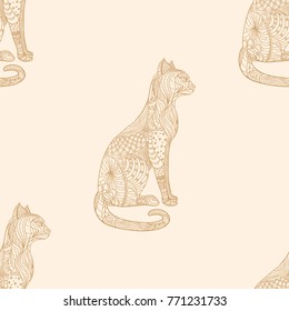Cat. Seamless pattern. Zentangle. Hand drawn cat with abstract patterns on isolation background. Design for spiritual relaxation for adults. Art creative. Outline for tattoo, printing on t-shirts