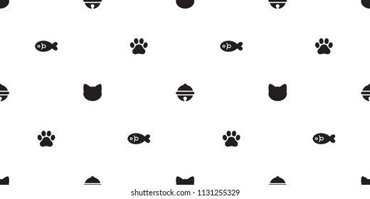 cat seamless vector paw footprint fish salmon bell pattern kitten tile background repeat wallpaper isolated illustration cartoon