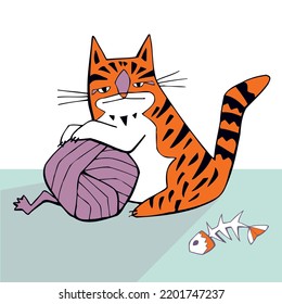 Cat seated on the floor playing with a ball of wool, near him a fishbone laying on the floor. Animal mascot Concept.