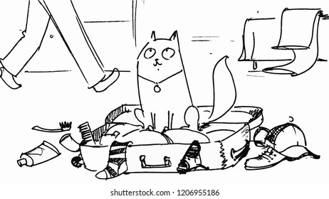 the cat is seated on the open suitcase, legs are seen in the background,storyboard.
