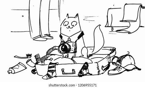 the cat is seated on the suitcase, and with the camera on it,storyboard,sketch.