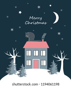 Cat is seating on the house roof. Trees and house on the hill at night. Winter background