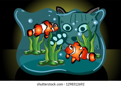Cat see two Clown fish swimming in the jar