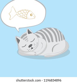  The cat sees a fish in a dream. Vector cartoon illustration