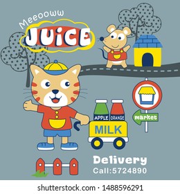 cat the seller milk,funny animal cartoon,vector illustration