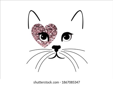 cat sequin hand drawn with pink sequin kitten 