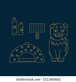 A cat set with accessories for pets. Illustrations in a doodle line with toys, food for cats. Love for cats. Vector illustration