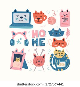 Cat set. Animal character. Work at home, coworking space, concept vector illustration. For poster design, kids print, greeting card, social media post, cards, textile. Scandinavian style.