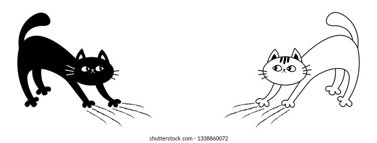 Cat set arch back. Kitten scratching. Scratch track. Doodle linear sketch. Black contour silhouette Cute funny cartoon character Happy Halloween Sticker print White background Flat design Vector