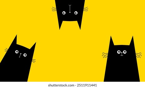 Katzenset. Schwarzes lustiges Gesicht Symbol. Kätzchen in der Ecke. Kawaii-Doodle. Kätzchen verkehrt herum. Netter Cartoon lustige Haustier Charakter. Drei Freunde. Bannervorlage. Flaches Design. Gelber Hintergrund. Vektorgrafik