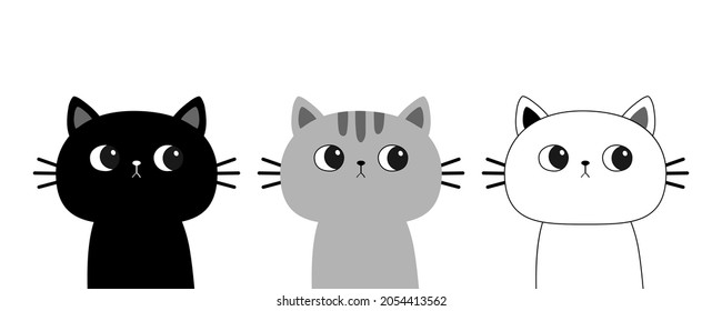 Cat set. Black, gray, white kitten head face looks sideways. Cute cartoon character. Pet baby collection. Happy Halloween. Greeting card. Flat design. Isolated. White background. Vector illustration