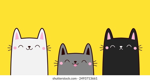 Cat set. Black, gray, white kitten icon. Line contour silhouette. Funny face. Cute cartoon character. Kawaii animal. Love Greeting card. Silhouette sticker print. Flat design. Yellow background Vector