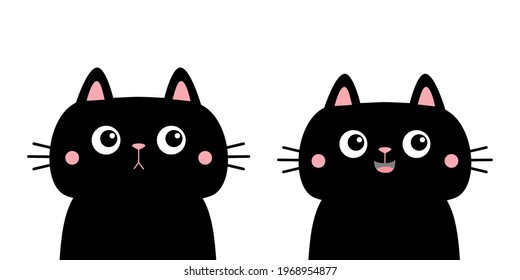 Cat set. Black kitten kitty silhouette icon. Cute kawaii cartoon character. Sad happy face. Happy Valentines Day. Baby greeting card tshirt notebook cover print. White background. Flat design. Vector