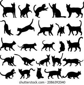 cat set black silhouette, isolated, vector