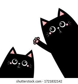 Cat set. Black silhouette. Waving hand. Pink paw print. Cute cartoon kawaii funny sad face character. Pet baby collection. Notebook cover. Flat design. Scandinavian style. White background. Vector