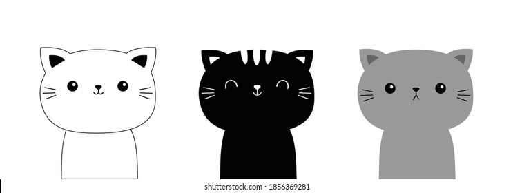 Juego de gatos. Icono de la cara Gris blanco negro. Banner de línea. Divertido animal de garabato kawaii. Caricatura graciosa. Cuatro amigos. Colección de mascotas. Gatito gatito. Diseño plano. Fondo del bebé. Aislado. Vector