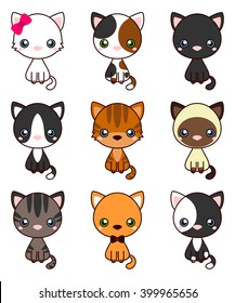 Cat Set, with black cat, white cat, grey cat, grey and white cat, brown and black act, brown cat. Cute cats flat icons. Vector Illustration Cartoon