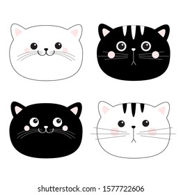 Cat set. Black white head face line contour silhouette icon. Funny kawaii smiling sad doodle animal. Pink blush cheeks. Cute cartoon funny character. Pet collection. Flat design Baby background.Vector
