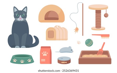 Cat and Set of care accessories for pets. Domestic cat and pet shop goods icons. Vector illustration isolated on white background.