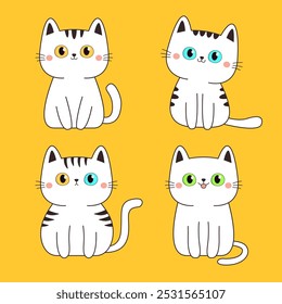 Cat set. Cute white kitten face head with yellow, blue, green eyes. Cartoon pet baby character Black contour icon. Funny kawaii animal. Childish style. Flat design. Yellow background. Vector