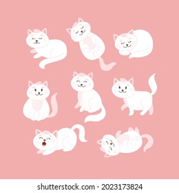 Cat set in different poses. Cute white cat character in cartoon style, vector illustration