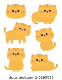 Cat set. Different poses. Laying, standing, sitting red kitten. Cartoon kawaii funny baby character. Cute face, paw print. Kids collection. Sticker print. Flat design. White background. Vector
