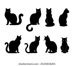 Cat - a set of eight different silhouettes. Black cats. Vector illustration.