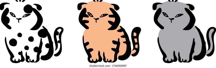 Cat. A set of fat cats. Polka dots, stripes, solid colors. Line drawing. vector.