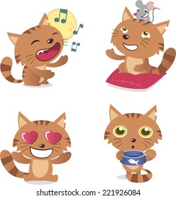 Cat set with four kittens in four different situations like: singing tabby, kit with mouse on its head, kitten with heart shape eyes and eating tomcat vector illustration. 