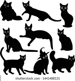 Cat set. Funny cats silhouettes character with eyes. Black cats character isolated on white background. Different emotions  Flat design Vector illustration
