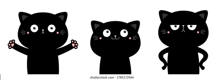 Cat set. Funny kitten kitty giving a hug, angry. Cute kawaii cartoon character. Black icon. Happy Valentines Day. Baby greeting card tshirt notebook cover print. White background. Flat design. Vector