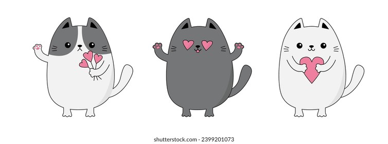 Cat set. Happy Valentines Day. Contour line doodle. Kittens kitty holding pink heart, stick. Funny head face. Cute cartoon kawaii animal character. Flat design. Love card. White background. Vector