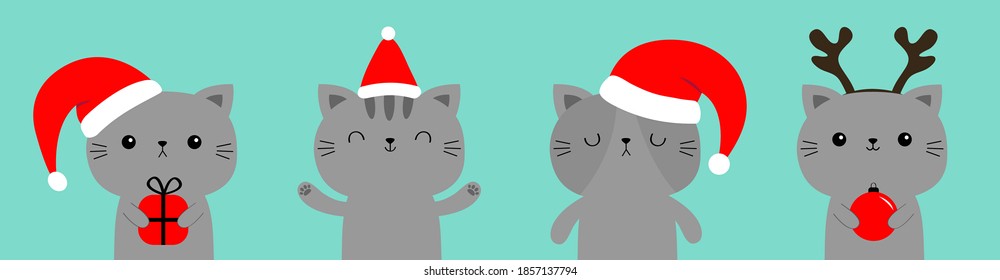 Cat set holding gift box, xmas ball. Cartoon kawaii character. Merry Christmas. Cute face icon. Red santa hat, deer horns. Kitten kitty. Funny baby pet animal. Flat design. Blue background. Vector